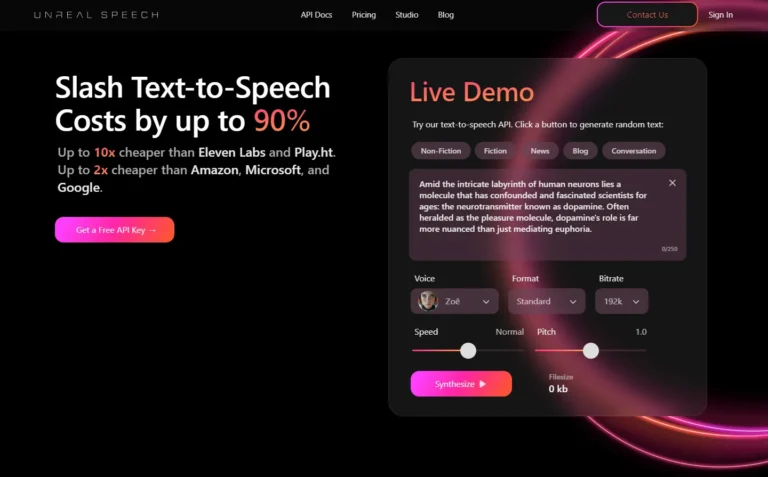 Unreal Speech AI website